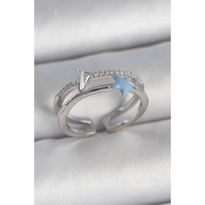 Pirinç Gümüş Renk 2Li Zirkon Taşlı Mavi Yıldız Figür Ayarlanabilir Kadın Yüzük