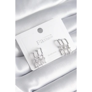 Pirinç Gümüş Renk 3lü Sallantı Zirkon Taşlı Küpe