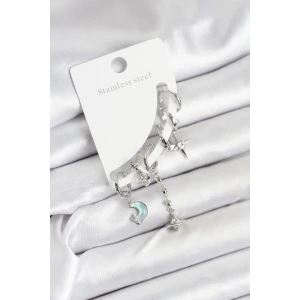 Pirinç Gümüş Renk Ay Model Kadın Set Küpe