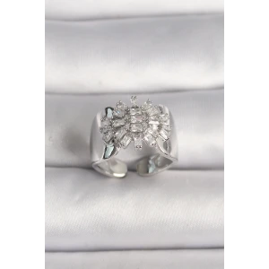 Pirinç Gümüş Renk Ayarlanabilir Baget Zirkon Taş Model Kadın Yüzük