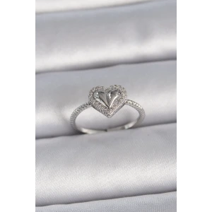 Pirinç Gümüş Renk Ayarlanabilir Zirkon Taşlı Kalp Model Kadın Yüzük