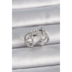 Pirinç Gümüş Renk Ayarlanabilir Zirkon Taşlı Kutup Yıldız İnci Detay Kadın Yüzük