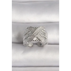 Pirinç Gümüş Renk Ayarlanabilir Zirkon Taşlı X Model Kadın Yüzük