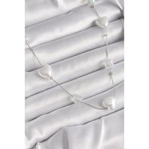 Pirinç Gümüş Renk Beyaz İnci Kalp Model Kadın Kolye