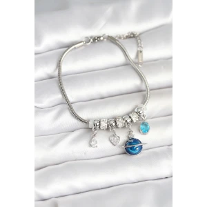 Pirinç Gümüş Renk Dünya Charmlı Kadın Bileklik