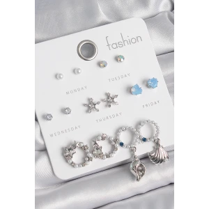 Pirinç Gümüş Renk İncli Zirkon Taşlı Halka Figür Yıldız Detay 7 Çift Kadın Küpe Seti