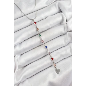 Pirinç Gümüş Renk Karışık Renk Zirkon Taşlı Kalpli Y Kadın Kolye