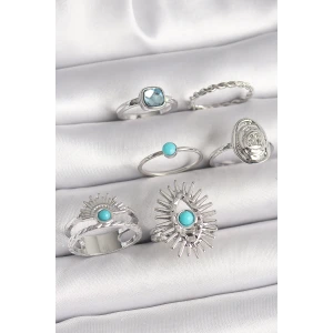 Pirinç Gümüş Renk Mavi Taşlı Kare Zirkon Taş Detaylı Kadın Yüzük Kombini