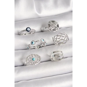 Pirinç Gümüş Renk Nazar Boncuk Zirkon Taş Detaylı Dalga Figür Kadın Yüzük Kombini