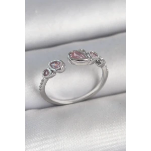 Pirinç Gümüş Renk Pembe Damla Zirkon Taşlı Ayarlanabilir Model Kadın Yüzük