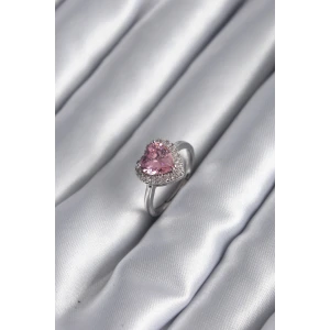 Pirinç Gümüş Renk Pembe Zirkon Taş Kalp Charm Model Kadın Yüzük