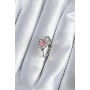 Pirinç Gümüş Renk Pembe Zirkon Taşlı Charm Model Kadın Yüzük