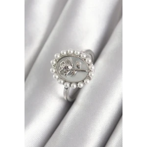 Pirinç Gümüş Renk Portre Gül Model İnci Detay Kadın Yüzük