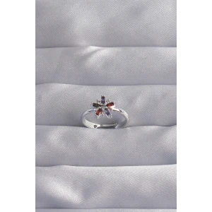 Pirinç Gümüş Renk Renkli Zirkon Taşlı Ayarlamalı Yüzük