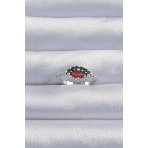 Pirinç Gümüş Renk Renkli Zirkon Taşlı Ayarlanabilir Karpuz Model Yüzük