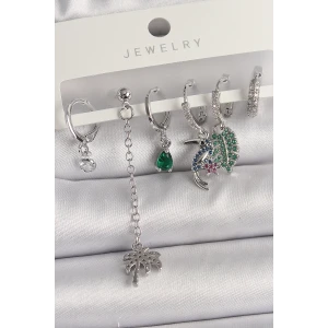 Pirinç Gümüş Renk Sallantı Zirkon Taşlı Ağaç Figür Çoklu Kadın Küpe Seti