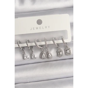 Pirinç Gümüş Renk Sallantı Zirkon Taşlı Damla Model Kadın Küpe Seti