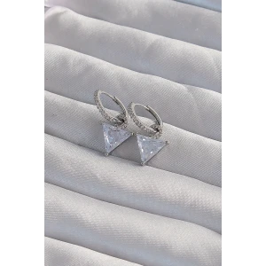 Pirinç Gümüş Renk Üçgen Zirkon Taşlı Sallantılı Halka Küpe