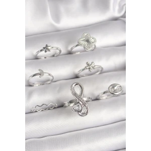 Pirinç Gümüş Renk Yonca Figür Sonsuzluk Zirkon Taşlı Kalp Detay Kadın Yüzük Kombini