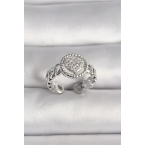 Pirinç Gümüş Renk Zincir Model Zirkon Taşlı Kalp Model Kadın Yüzük