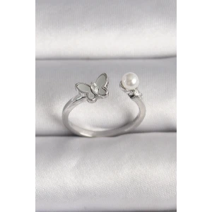 Pirinç Gümüş Renk Zirkon Taş Detaylı Beyaz Mineli Kelebek Figür İnci Detay Ayarlanabilir Yüzük