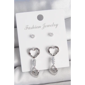 Pirinç Gümüş Renk Zirkon Taş Detaylı Sallantı Model 2 Çift Kadın Küpe Seti