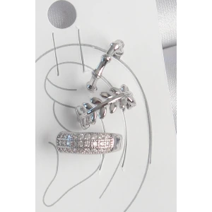 Pirinç Gümüş Renk Zirkon Taşlı 3Lü Model Yaprak Figür Kadın Kıkırdak Küpe