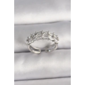 Pirinç Gümüş Renk Zirkon Taşlı Ayarlanabilir Yüzük