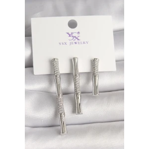 Pirinç Gümüş Renk Zirkon Taşlı Bambu Model 3Lü Kadın Kombin Küpe