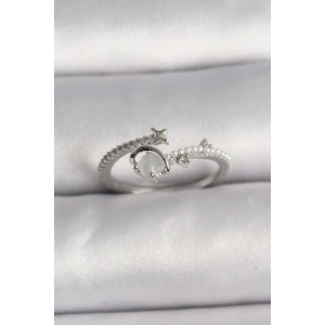 Pirinç Gümüş Renk Zirkon Taşlı Beyaz Mineli Yıldız Detay Ayarlanabilir Kadın Yüzük