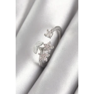 Pirinç Gümüş Renk Zirkon Taşlı Çiçek Model Kadın Yüzük