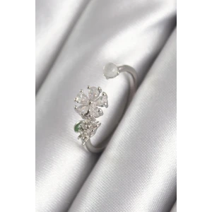 Pirinç Gümüş Renk Zirkon Taşlı Çiçek Model Kadın Yüzük
