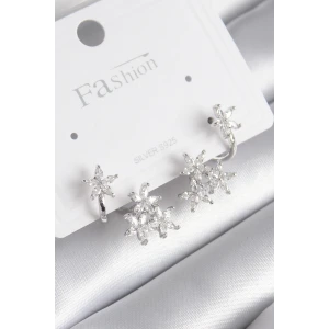 Pirinç Gümüş Renk Zirkon Taşlı Çiçek Tasarım Kadın Küpe