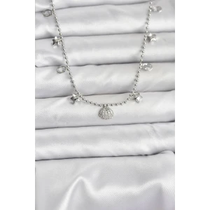 Pirinç Gümüş Renk Zirkon Taşlı Deniz Kabuğu Model Kadın Kolye