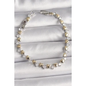 Pirinç Gümüş Renk Zirkon Taşlı Gold Kalpli VIP Seri Kadın Bileklik