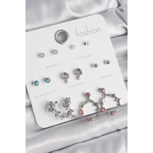 Pirinç Gümüş Renk Zirkon Taşlı Gül Figür Halka Model 7 Çift Kadın Küpe Seti