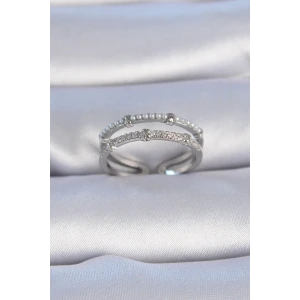 Pirinç Gümüş Renk Zirkon Taşlı İnci Detay Kadın Yüzük