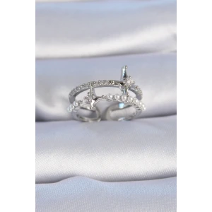 Pirinç Gümüş Renk Zirkon Taşlı İnci Detay Kutup Yıldızı Model Kadın Yüzük