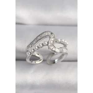 Pirinç Gümüş Renk Zirkon Taşlı İnci Detay VIP Seri Kadın Yüzük