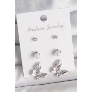 Pirinç Gümüş Renk Zirkon Taşlı İnci Detaylı Kelebek Model 3 Çift Kadın Küpe Seti