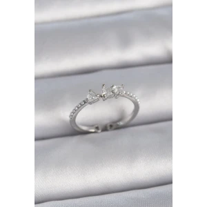 Pirinç Gümüş Renk Zirkon Taşlı Kalp İnci Detay Ayarlanabilir Model Kadın Yüzük