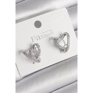 Pirinç Gümüş Renk Zirkon Taşlı Kalp Model Kadın Küpe