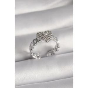 Pirinç Gümüş Renk Zirkon Taşlı Kalp Model Kadın Yüzük