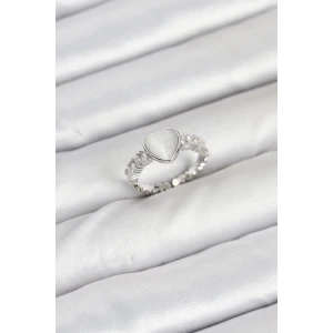 Pirinç Gümüş Renk Zirkon Taşlı Kalpli Kadın Yüzük