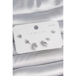 Pirinç Gümüş Renk Zirkon Taşlı Kelebek Model İnci Detay 925 Ayar Gümüş Çivi Kadın Küpe Seti