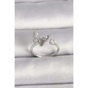 Pirinç Gümüş Renk Zirkon Taşlı Kelebek Model İnci Detay Ayarlanabilir Yüzük