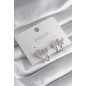 Pirinç Gümüş Renk Zirkon Taşlı Kelebek Model Kadın Küpe