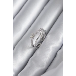 Pirinç Gümüş Renk Zirkon Taşlı Kelebek Model Kadın Yüzük