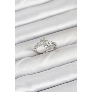 Pirinç Gümüş Renk Zirkon Taşlı Kelebek Model Kadın Yüzük