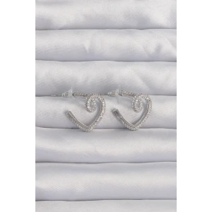 Pirinç Gümüş Renk Zirkon Taşlı Kıvrımlı Yarım Kalp Küpe